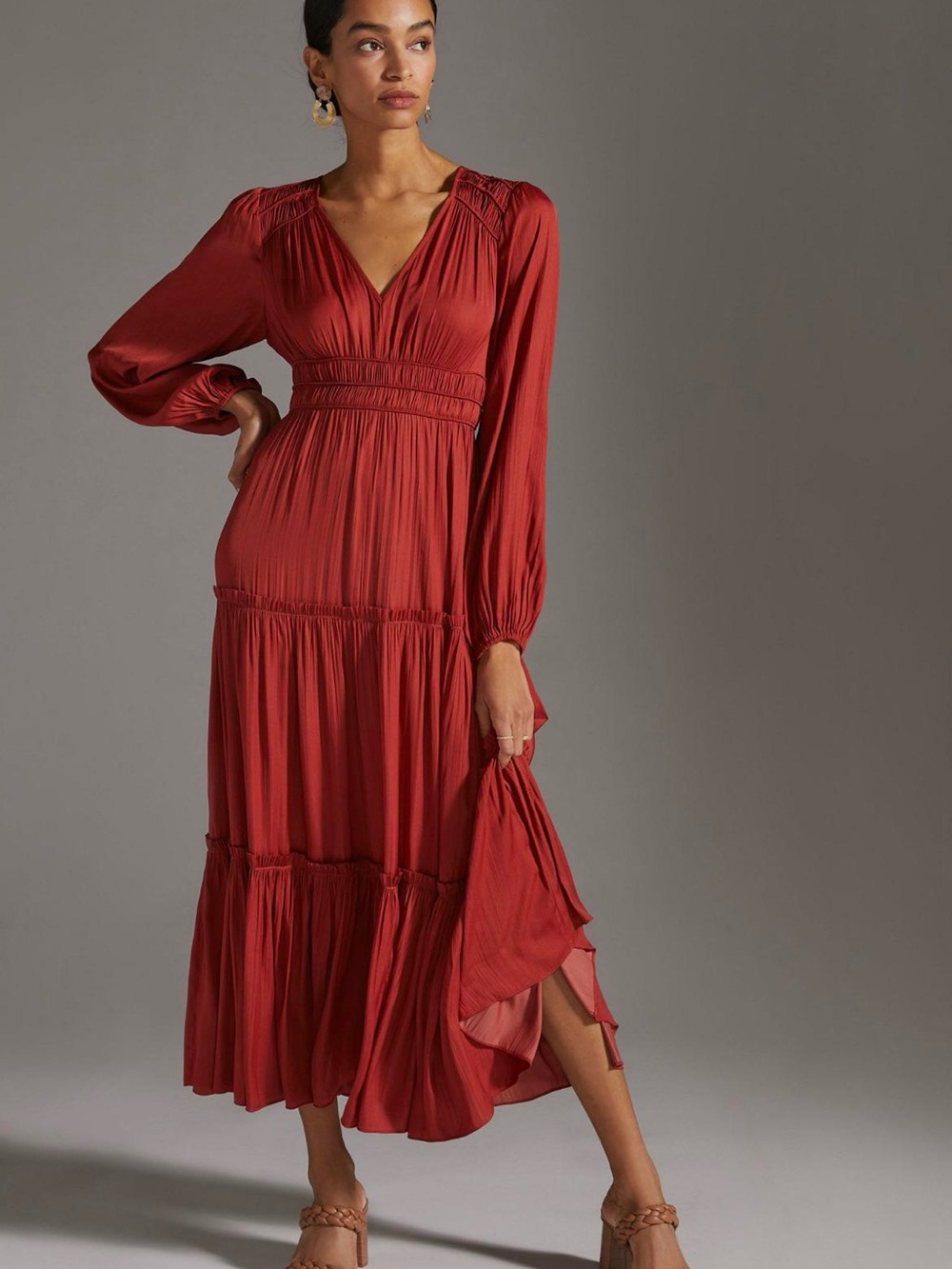 Anthropologie Rust Red Long Sleeve V-Neck Tiered Maxi Dress